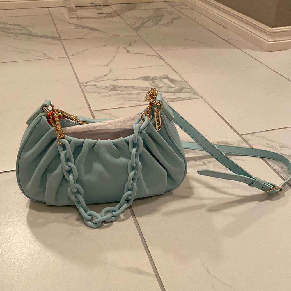 LDT Zoe Zip Top Leather Crossbody Handbag Convertible Blue Light Pool
